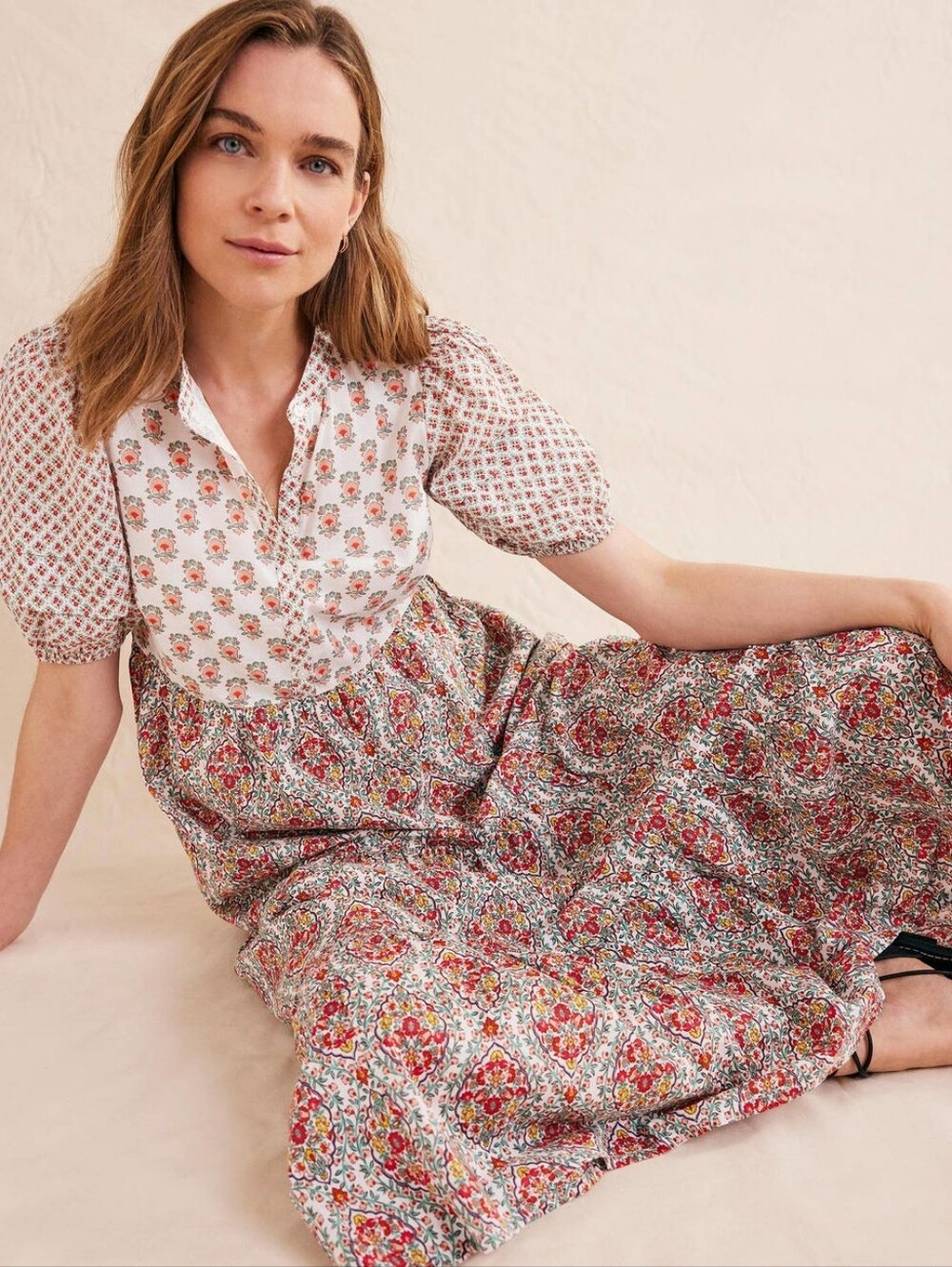 Bohemian Floral Tiered Maxi Dress in Red and Cream